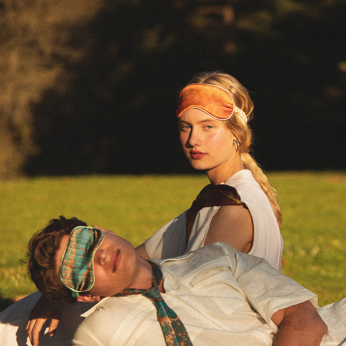 Model wearing a silk eye mask